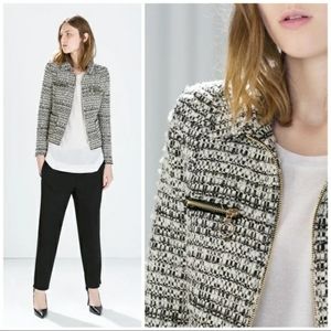 Zara Zipped Tweed Jacket with Metallic Thread